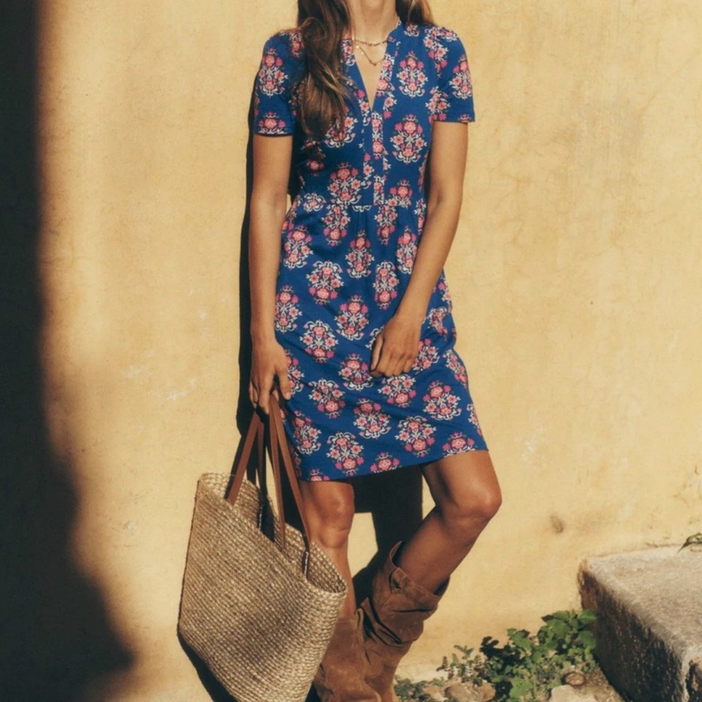 Boden Naomi Short Sleeve Dress Bright Blue Wildflower Stamp Size 8